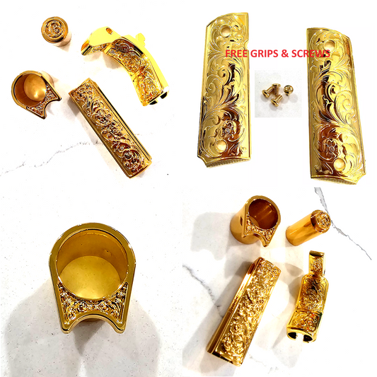 Free Grips & Screws, Engraved 1911 Mainspring, Grip Safety, Barrel Bushing, Recoil Spring Plug fit All 45ACP 9mm 1911s 24K Gold Plated
