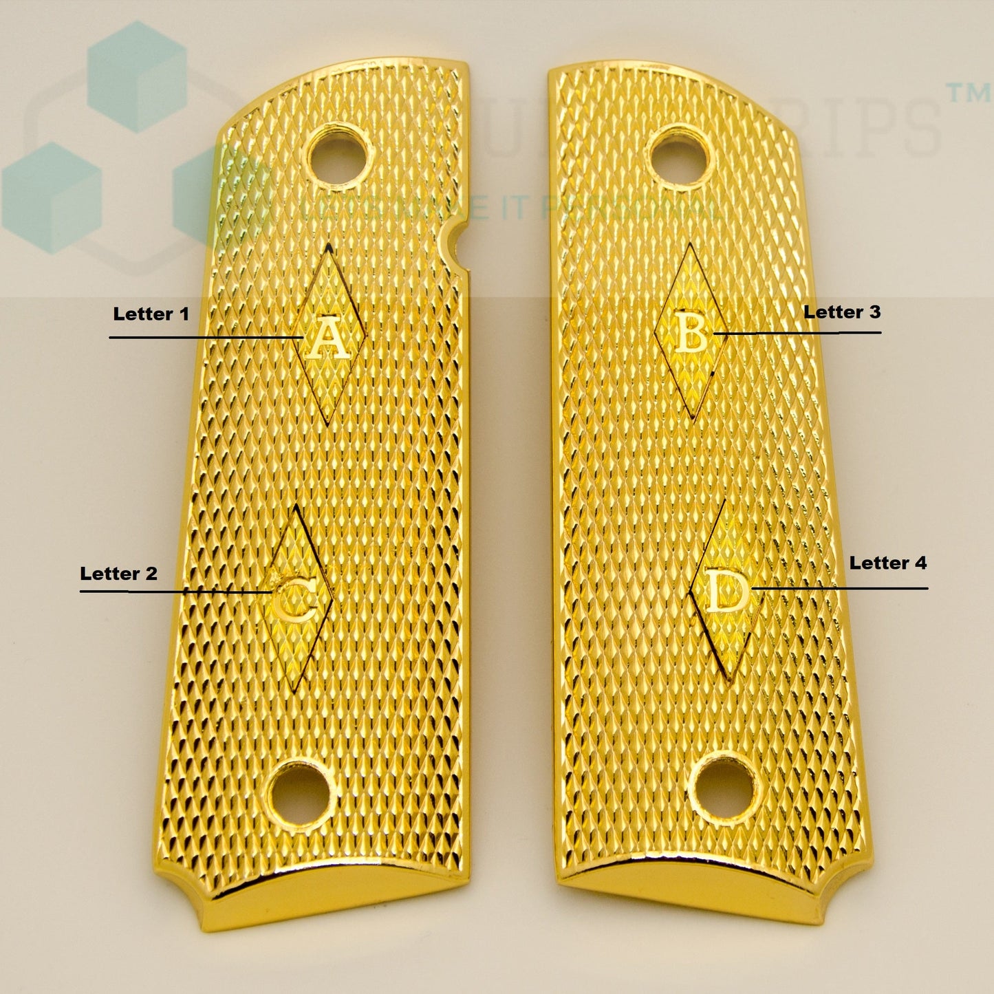 1911 Full Size Grips With Initials Gold, Nickel or Black Plated
