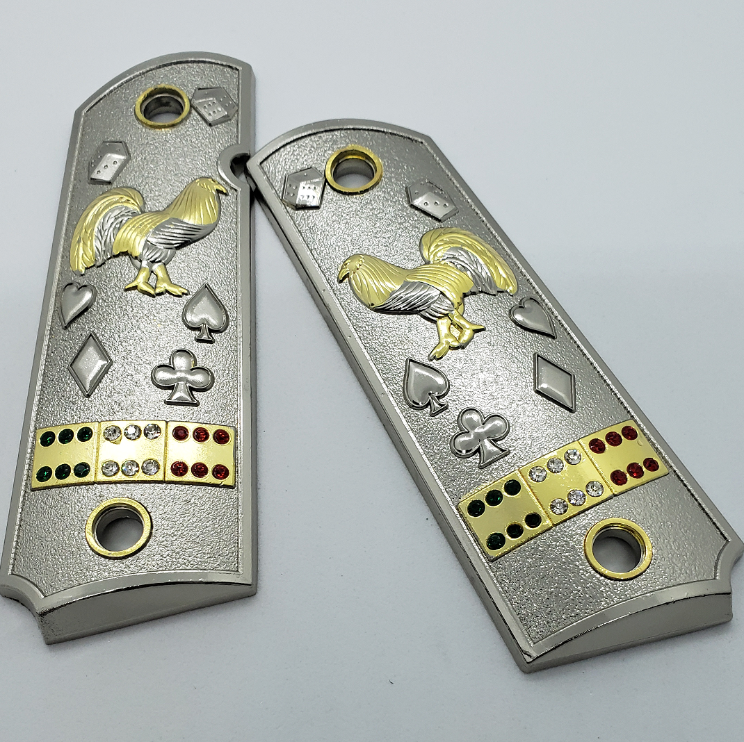 1911 Grips Rooster Mexican Flag With Zirconia stones Nickel Plated