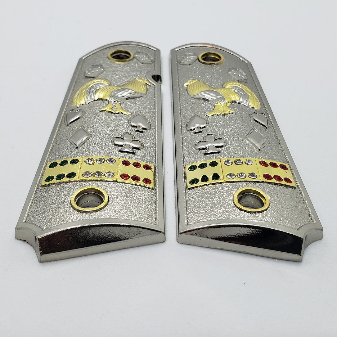 1911 Grips Rooster Mexican Flag With Zirconia stones Nickel Plated