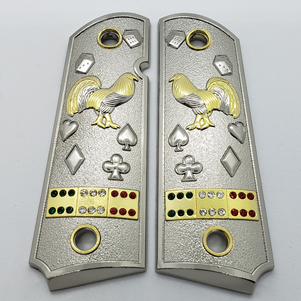 1911 Grips Rooster Mexican Flag With Zirconia stones Nickel Plated