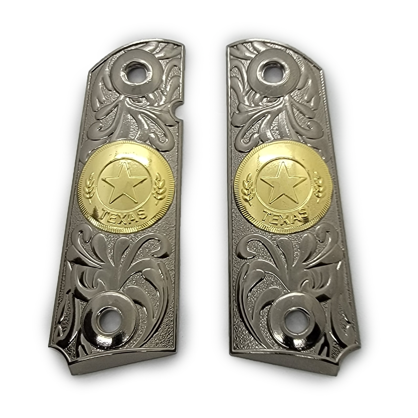 1911 Metal grips Black / Nickel / Gold Texas Star Scrollwork Ambi Safety #T-BN616
