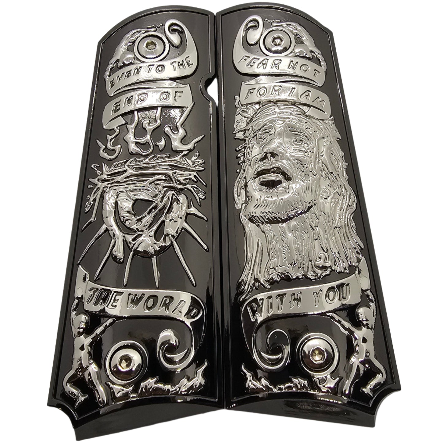 1911 Full Size Metal Grips – Jesus & Crown of Thorns Design – Ambi Cut + Screws