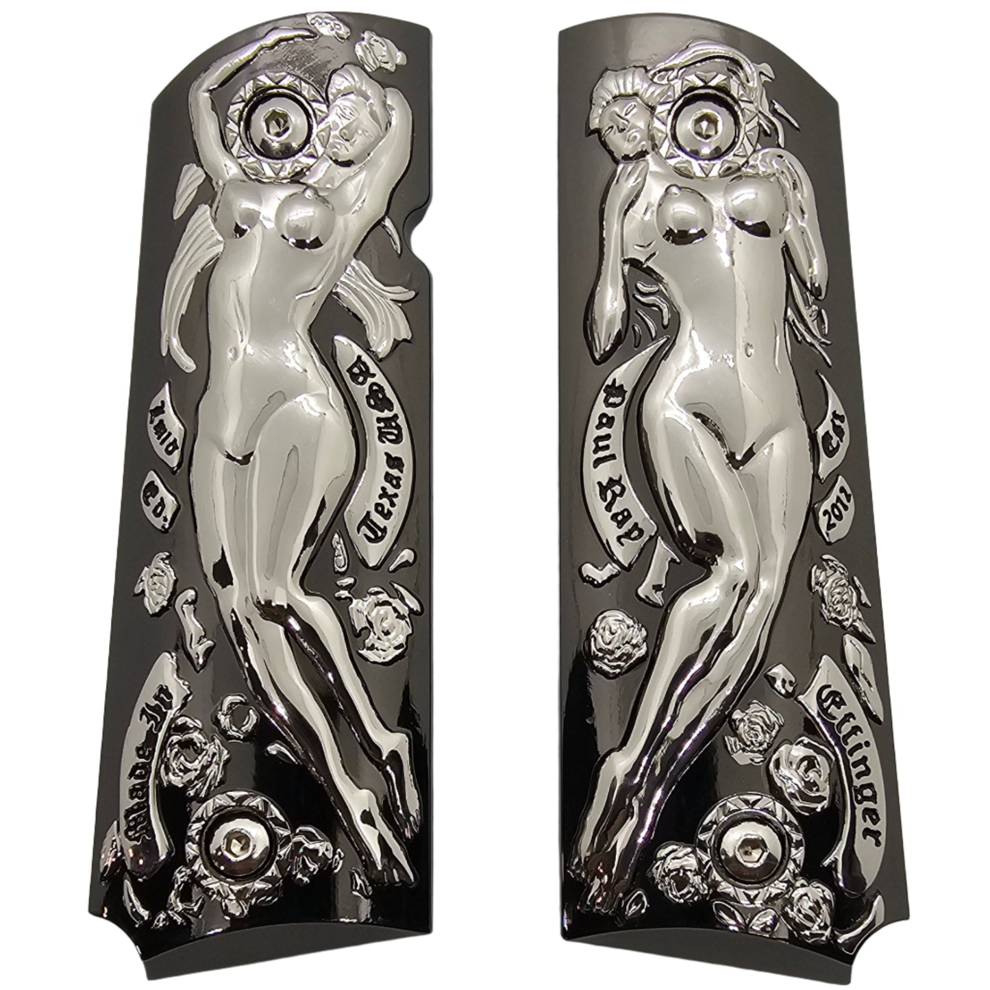 1911 Full Size Metal Grips – Polished Art Design – With Ambi Safety Cut + Screws