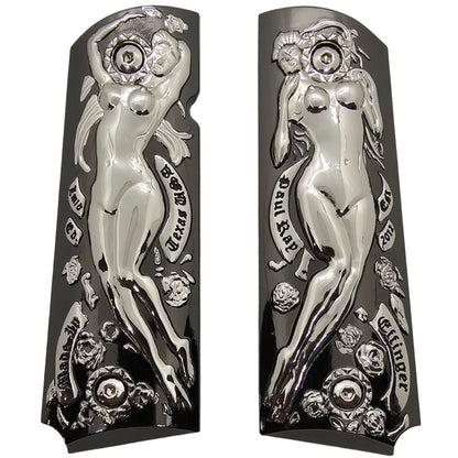 1911 Full Size Metal Grips – Polished Art Design – With Ambi Safety Cut + Screws