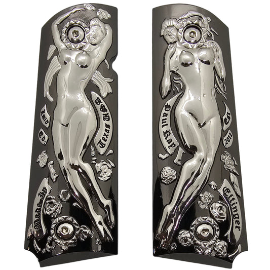1911 Full Size Metal Grips – Polished Art Design – With Ambi Safety Cut + Screws