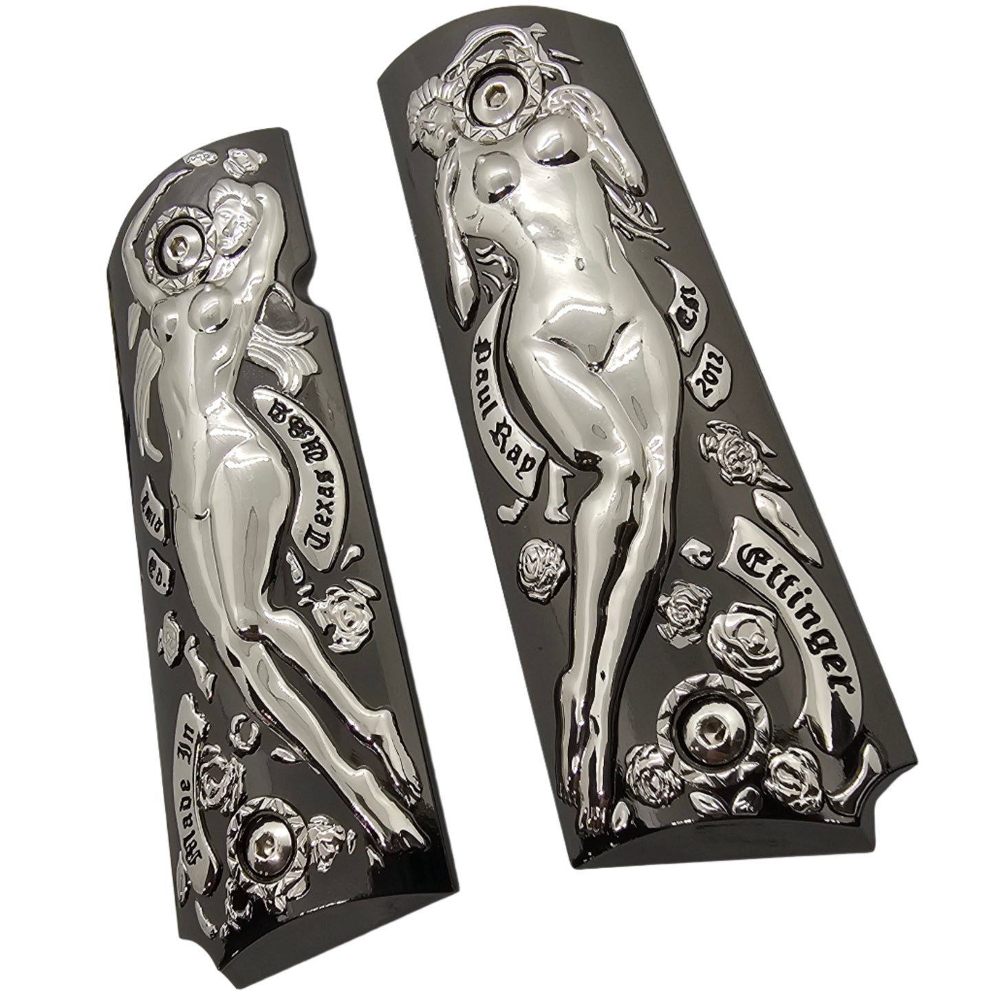 1911 Full Size Metal Grips – Polished Art Design – With Ambi Safety Cut + Screws