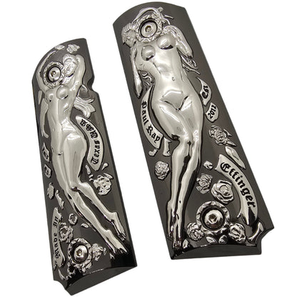 1911 Full Size Metal Grips – Polished Art Design – With Ambi Safety Cut + Screws