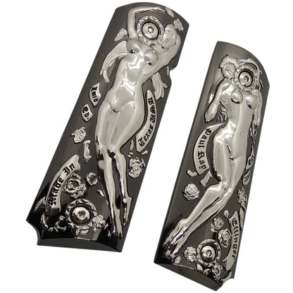 1911 Full Size Metal Grips – Polished Art Design – With Ambi Safety Cut + Screws