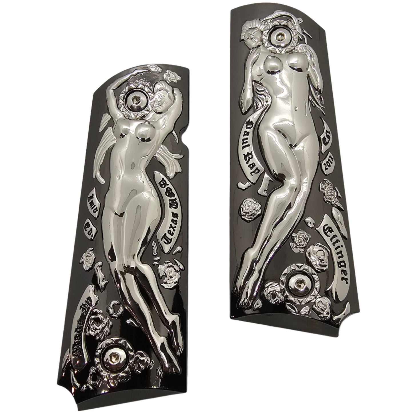 1911 Full Size Metal Grips – Polished Art Design – With Ambi Safety Cut + Screws