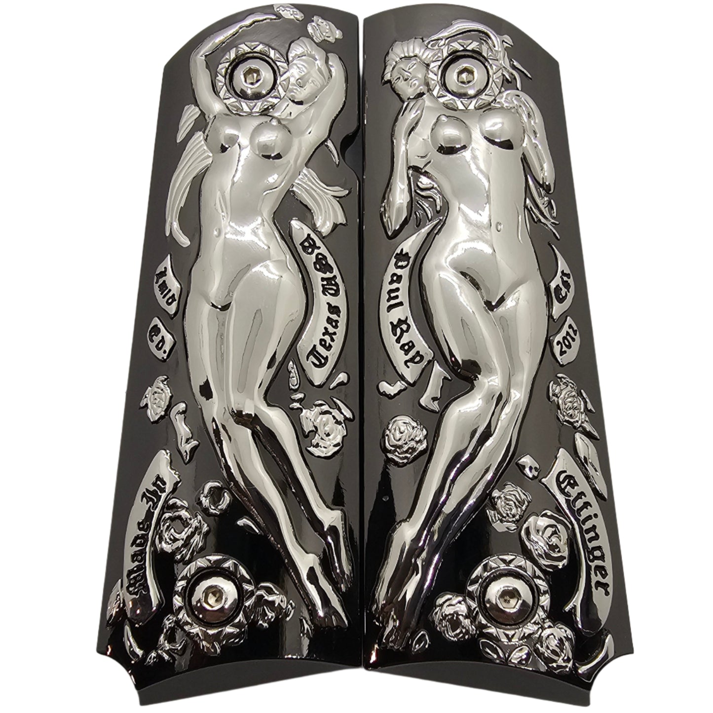 1911 Full Size Metal Grips – Polished Art Design – With Ambi Safety Cut + Screws