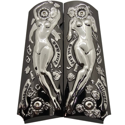 1911 Full Size Metal Grips – Polished Art Design – With Ambi Safety Cut + Screws