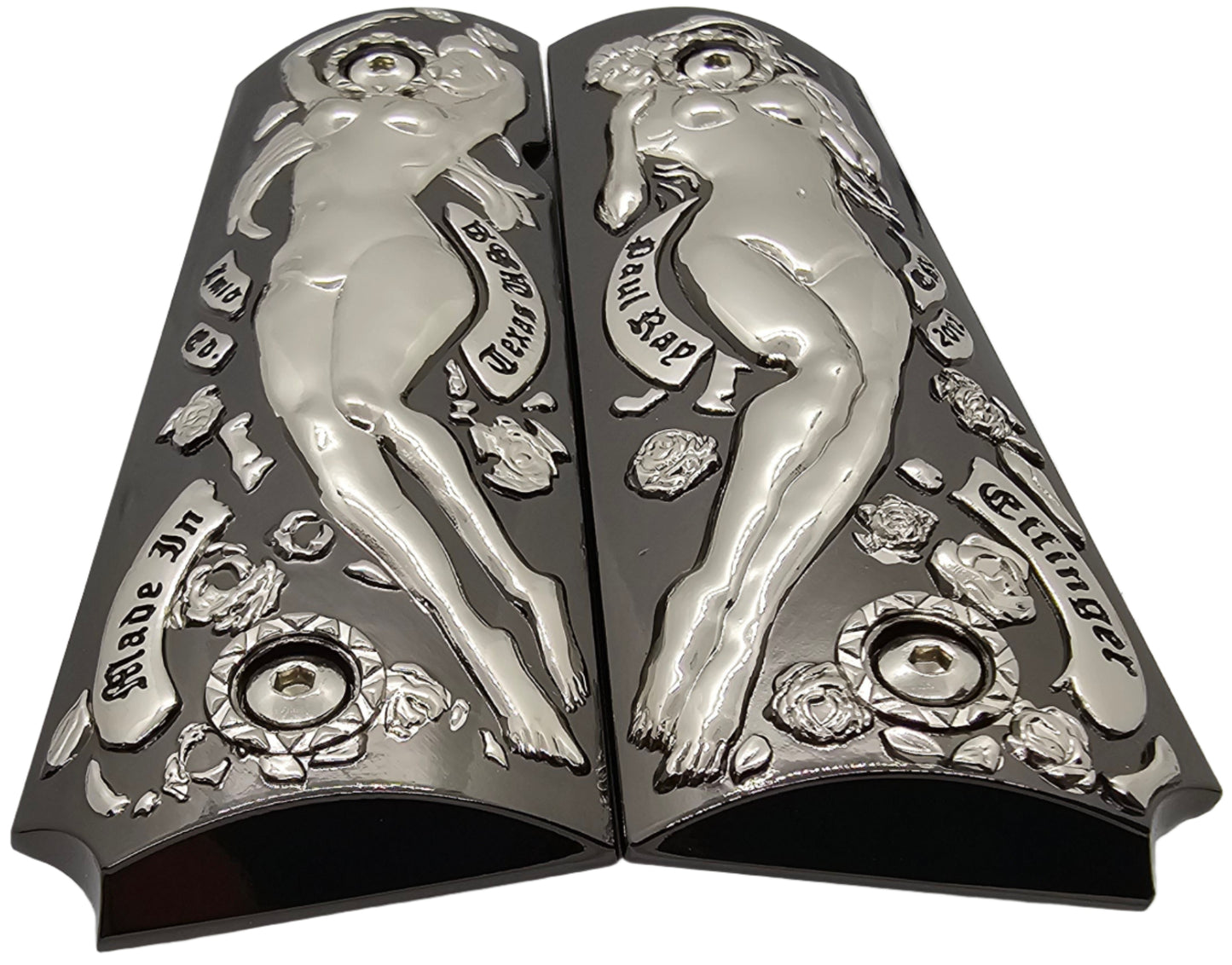 1911 Full Size Metal Grips – Polished Art Design – With Ambi Safety Cut + Screws