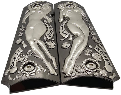 1911 Full Size Metal Grips – Polished Art Design – With Ambi Safety Cut + Screws