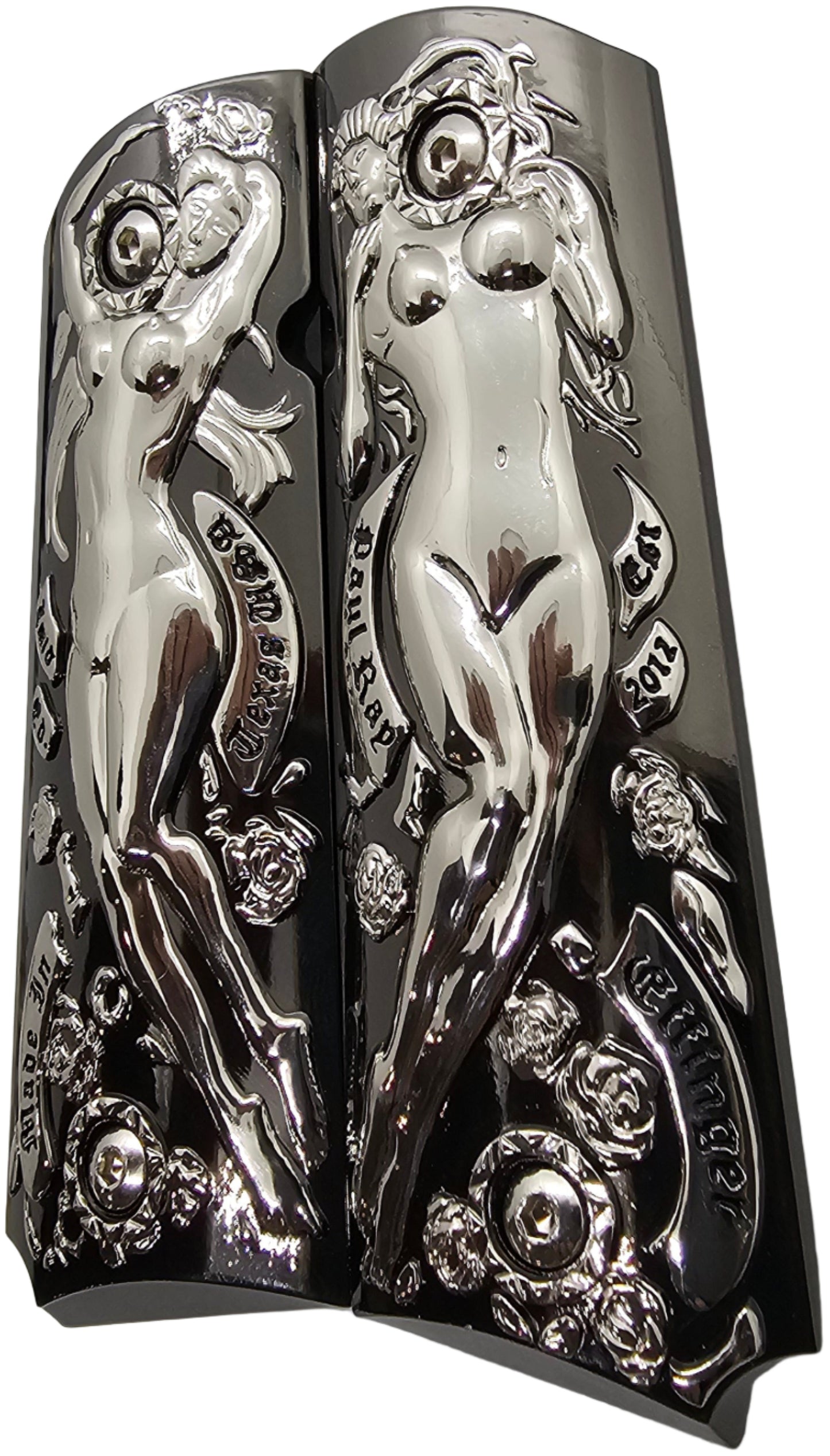 1911 Full Size Metal Grips – Polished Art Design – With Ambi Safety Cut + Screws