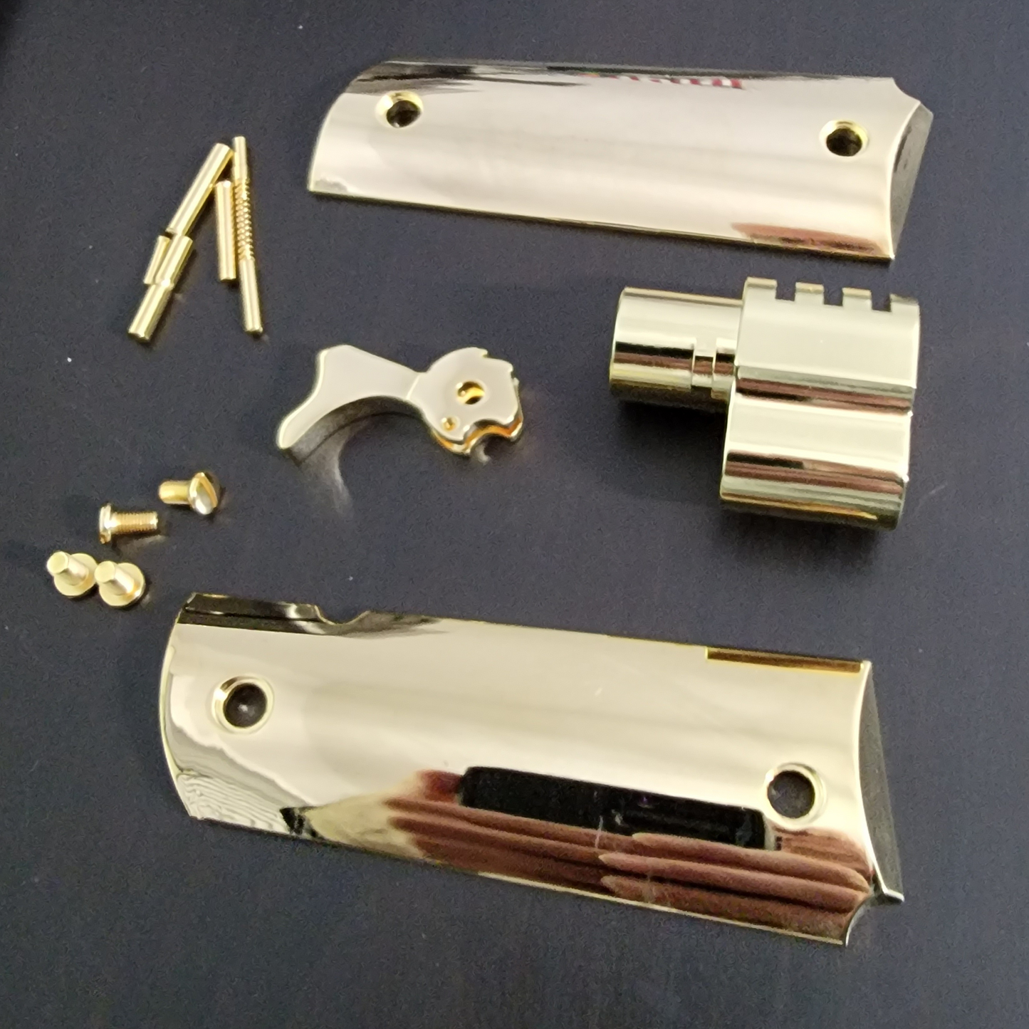 Real 24K Gold Plated 1911 gun parts, Polished 1911 Grips, Hammer, Compensator pins screws
