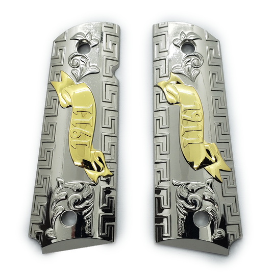 1911 Full Size Metal Grips Nickel Gold #T-T1911-3