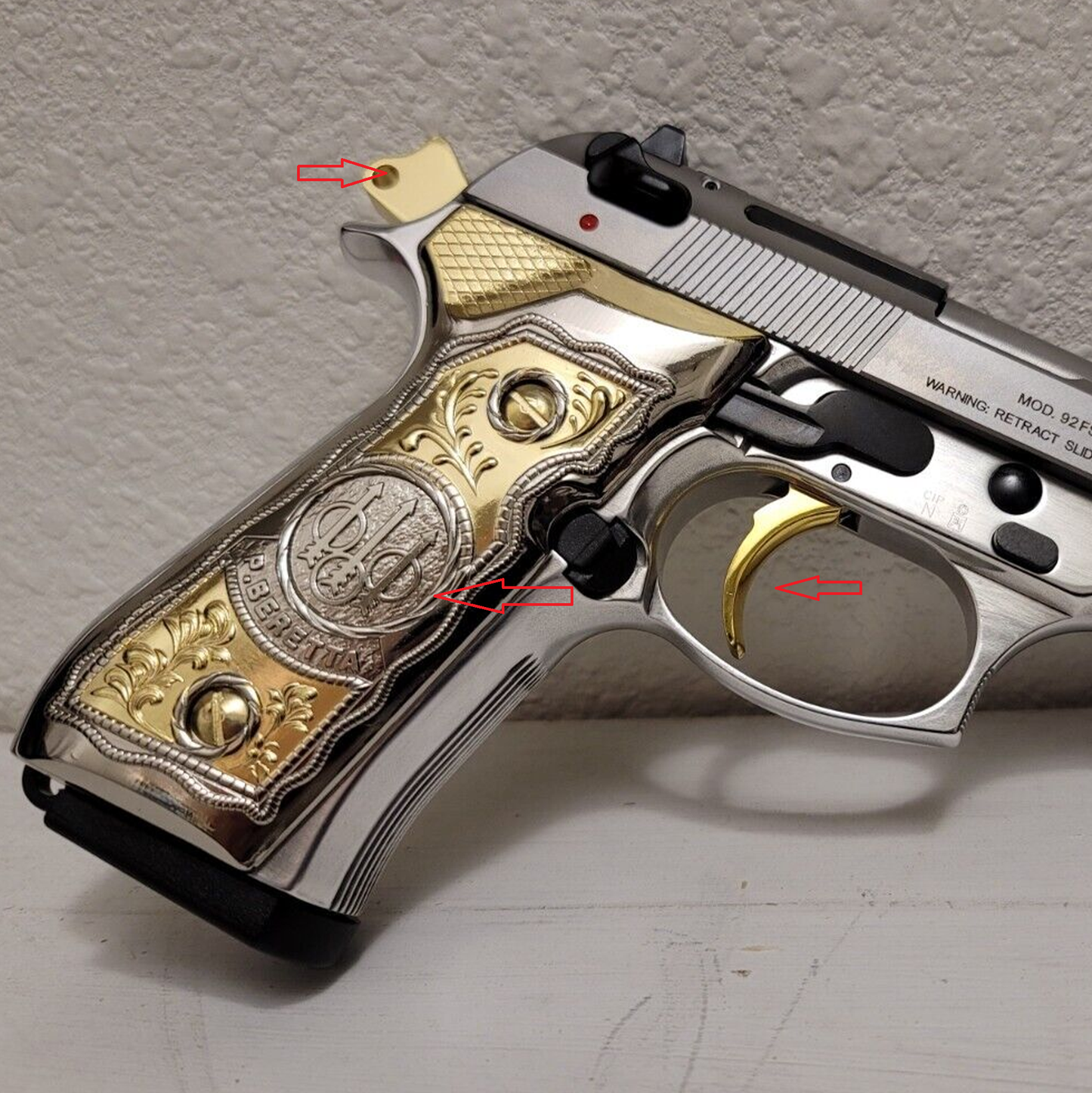 Combo Beretta Trigger Hammer 92F Metal Grips Beretta 92F, 92FS, M9, 96 Models Gold Nickel