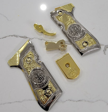 Combo Beretta Trigger 92F Metal Grips Beretta 92F, 92FS, M9, 96 Models Gold Nickel