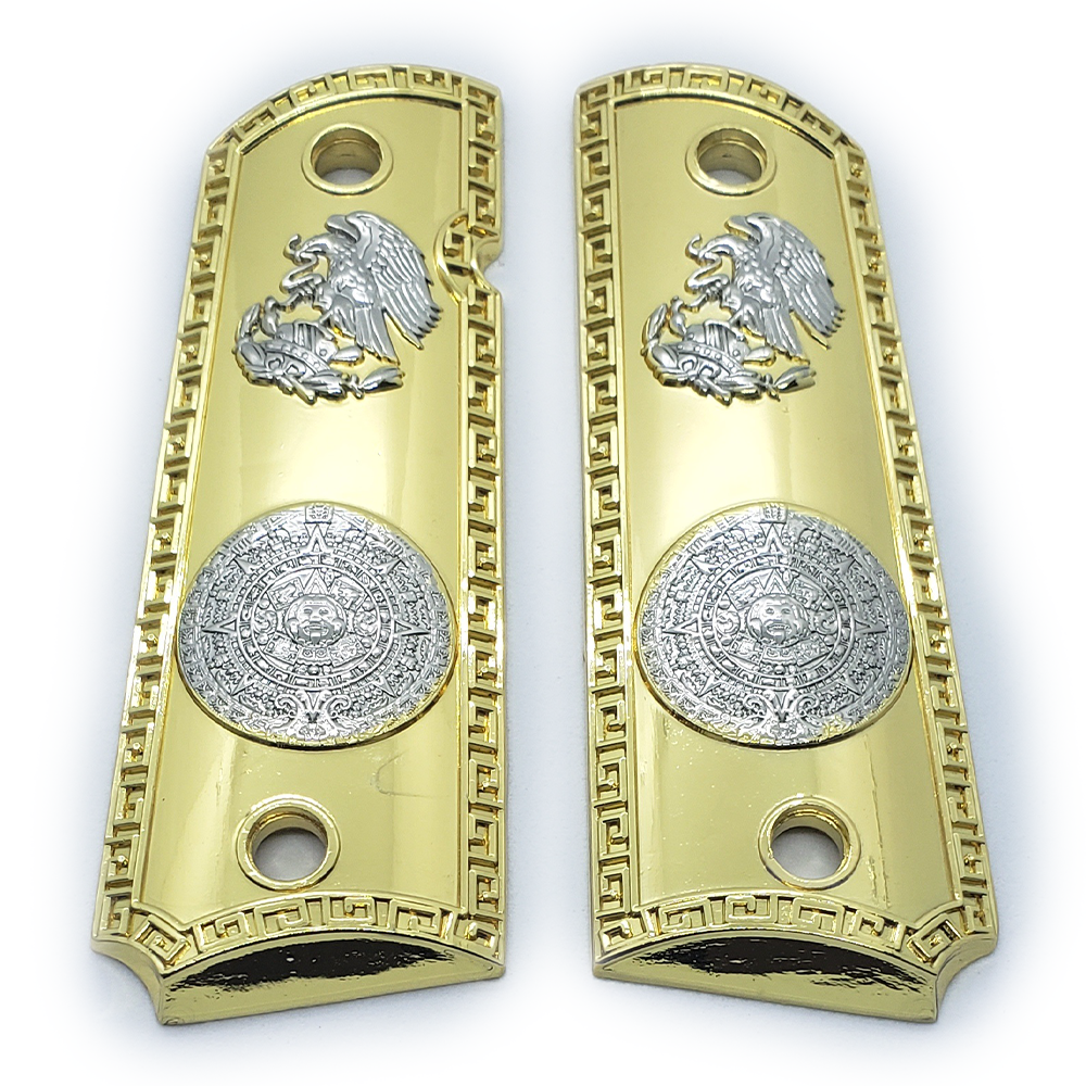1911 FULL SIZE Aztec Calendar Grips Nickel Plated  Ambi Cut #F-B12