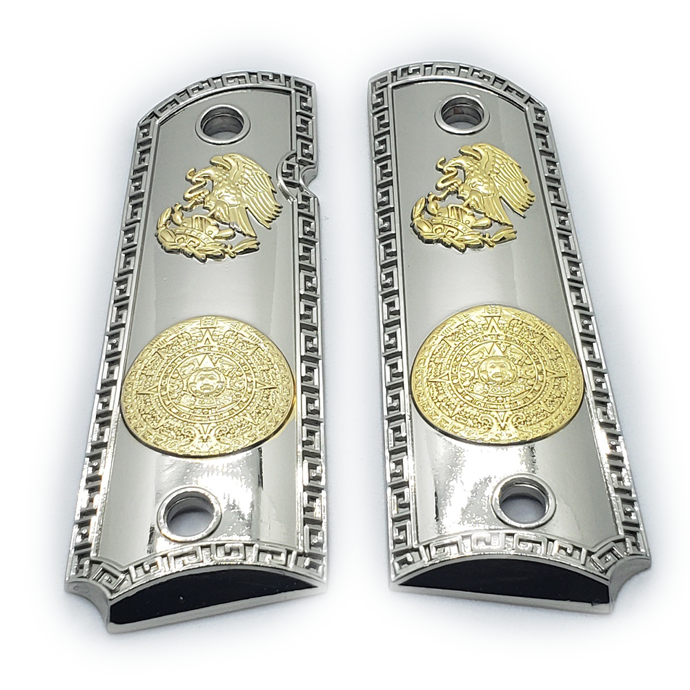 1911 FULL SIZE Aztec Calendar Grips Nickel Plated  Ambi Cut #F-B12