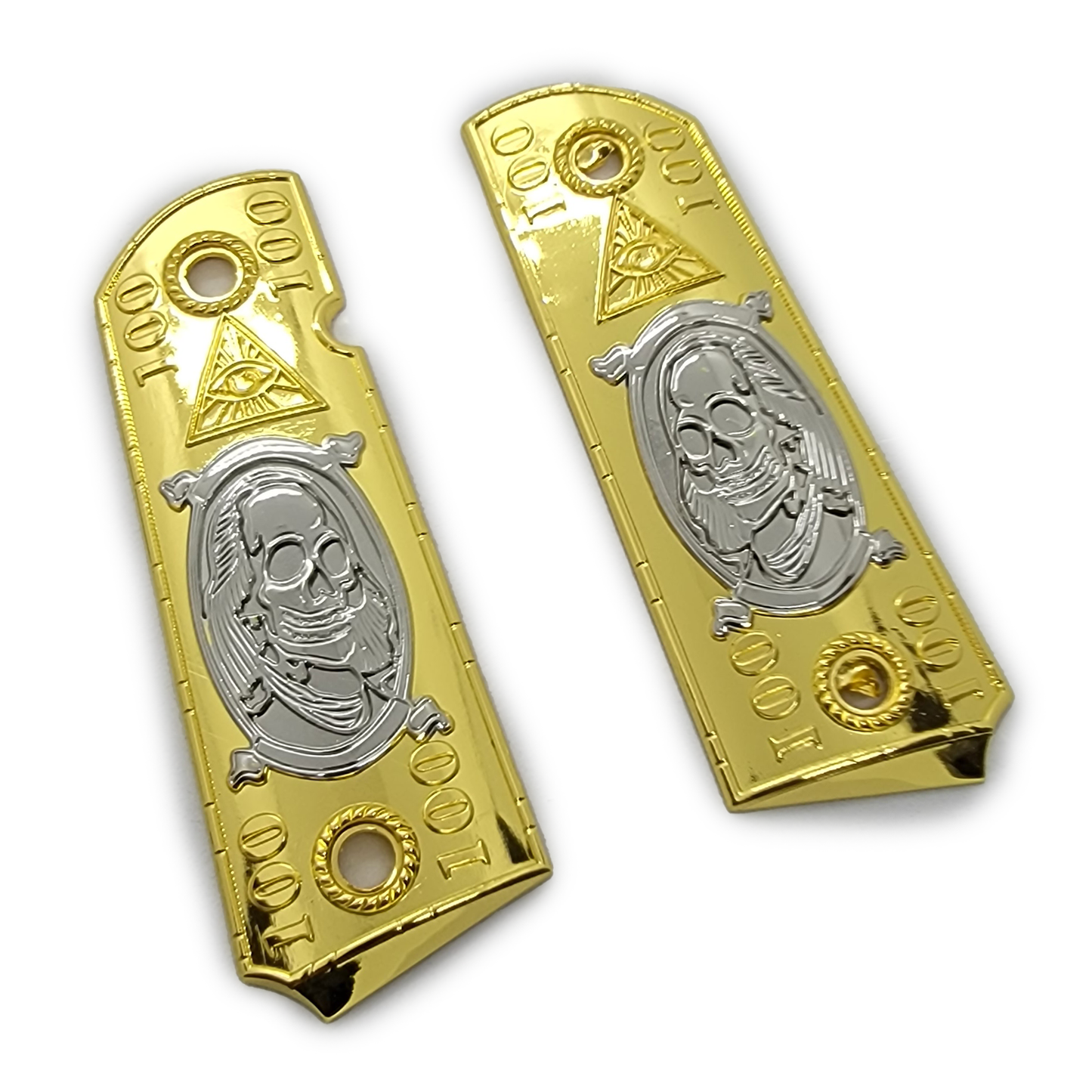 1911 Full Size  Metal Grips  Benjamin Franklin W Ambi Cut Black Gold