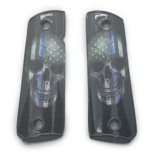 1911 Full Size PISTOL GRIPS Blue Line Skull Smooth [F03]