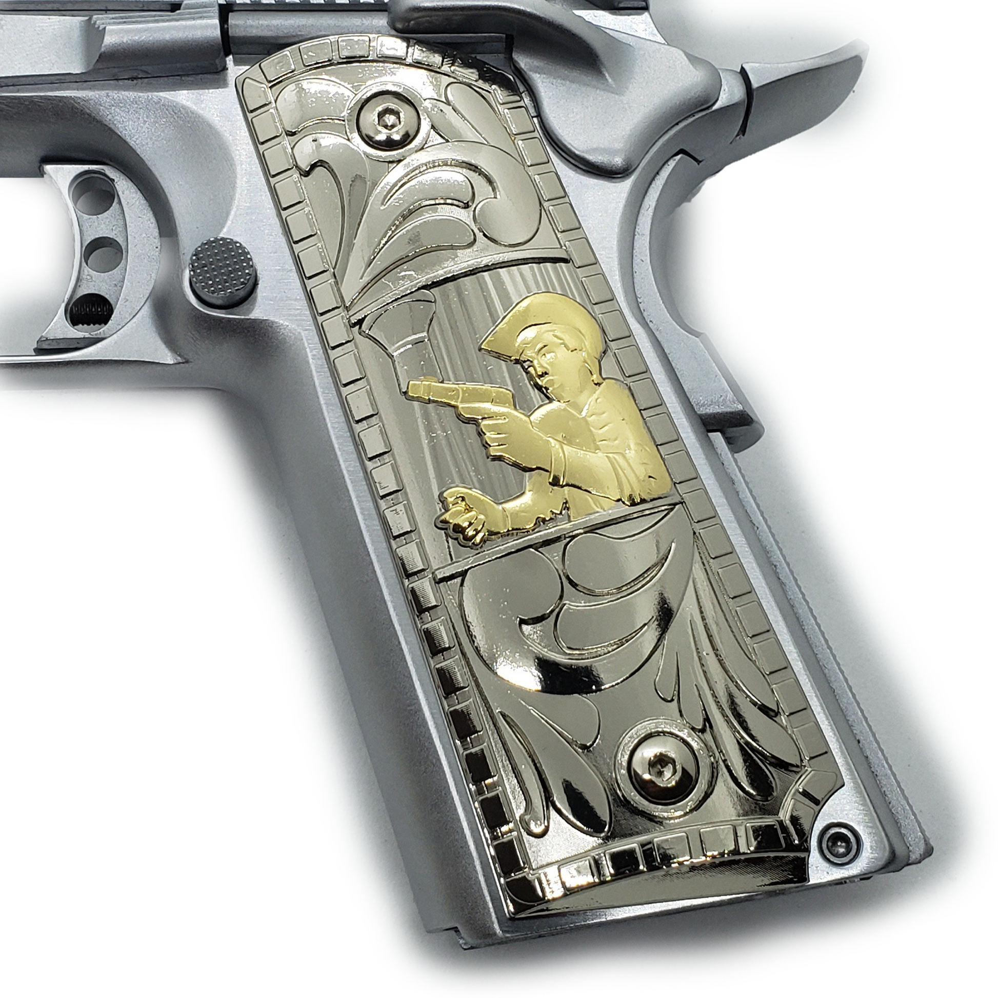 Chalino Sanchez 1911 COLT FULL SIZE Ambi Cut , Nickel Gold Plated Chalino Sanchez 1911 COLT FULL SIZE Ambi Cut , Nickel Gold Plated