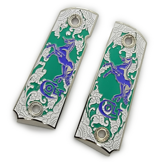 Colt 1911 Full Size Nickel Plated Grips W Green Soft Enamel