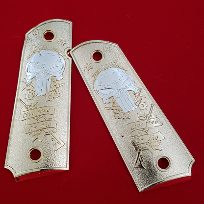 1911 FULL SIZE Grips Live Free Or Die 24K Gold Plated W Ambi Cut #T-T983