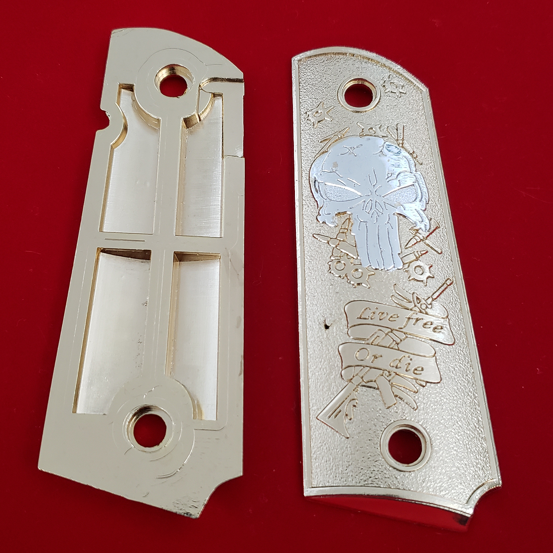 1911 FULL SIZE Grips Live Free Or Die 24K Gold Plated W Ambi Cut #T-T983
