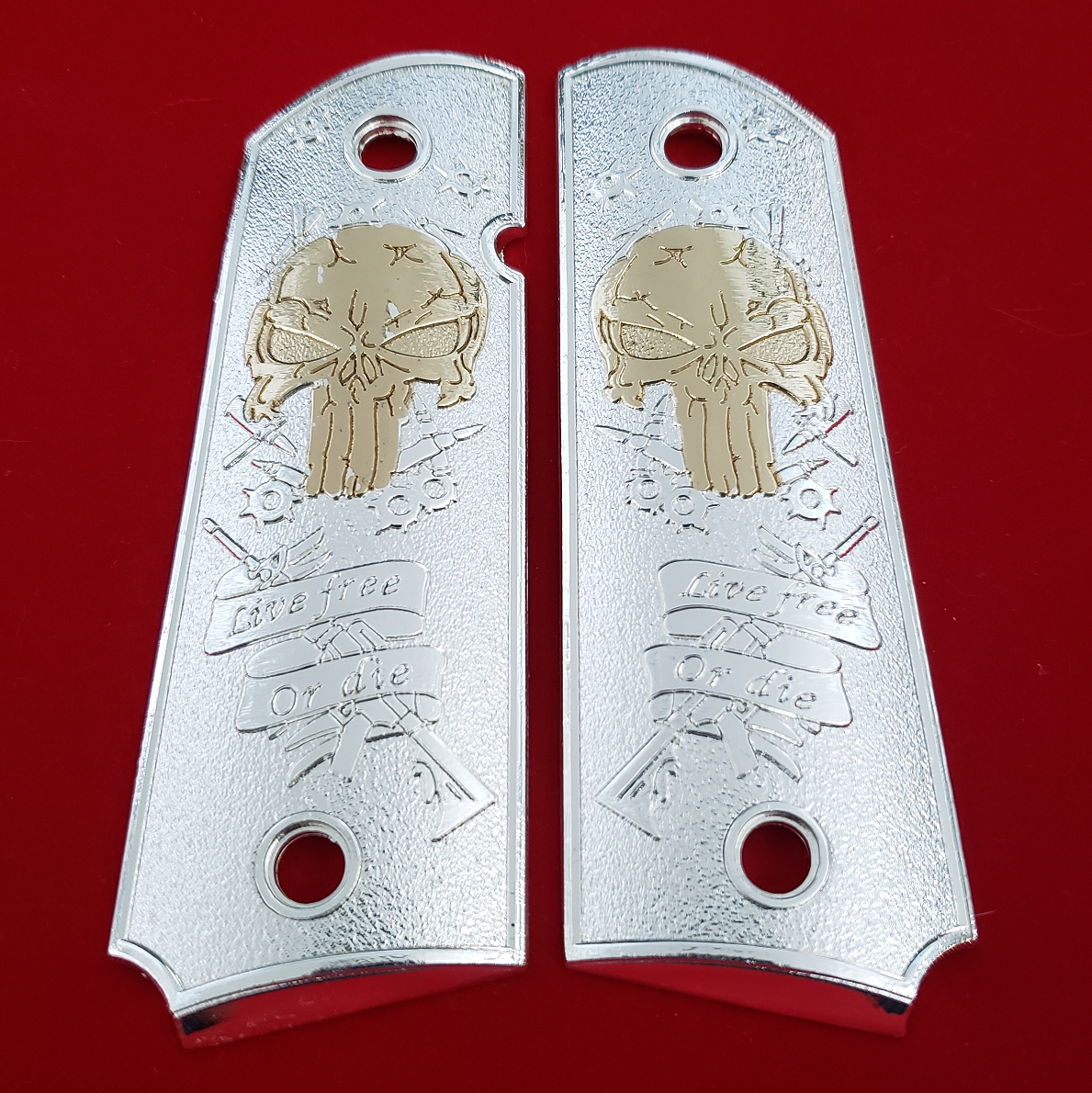 1911 FULL SIZE Grips Live Free Or Die 24K Gold Plated W Ambi Cut #T-T983