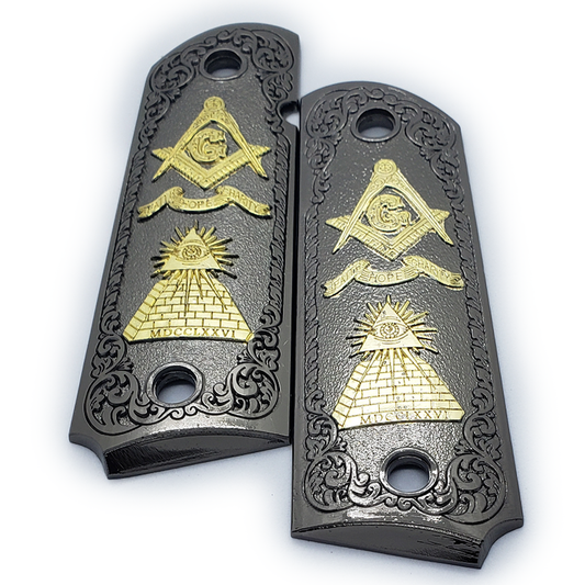 1911 FULL SIZE GRIPS Masonic Black Gold W AMBI CUT