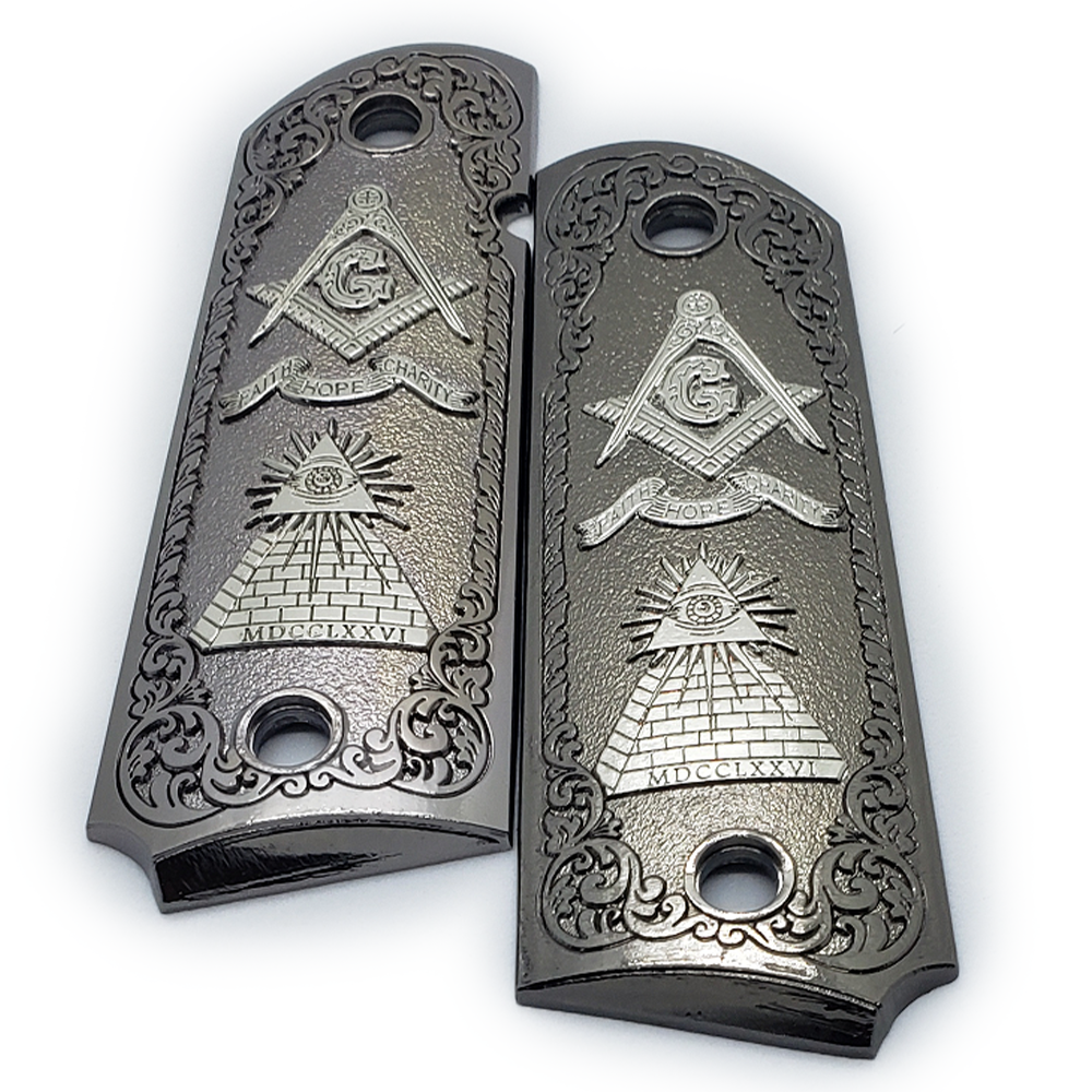 1911 FULL SIZE GRIPS Masonic Black Gold W AMBI CUT