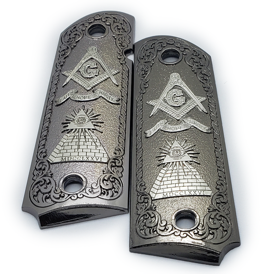 1911 FULL SIZE GRIPS Masonic Black Nickel W AMBI CUT