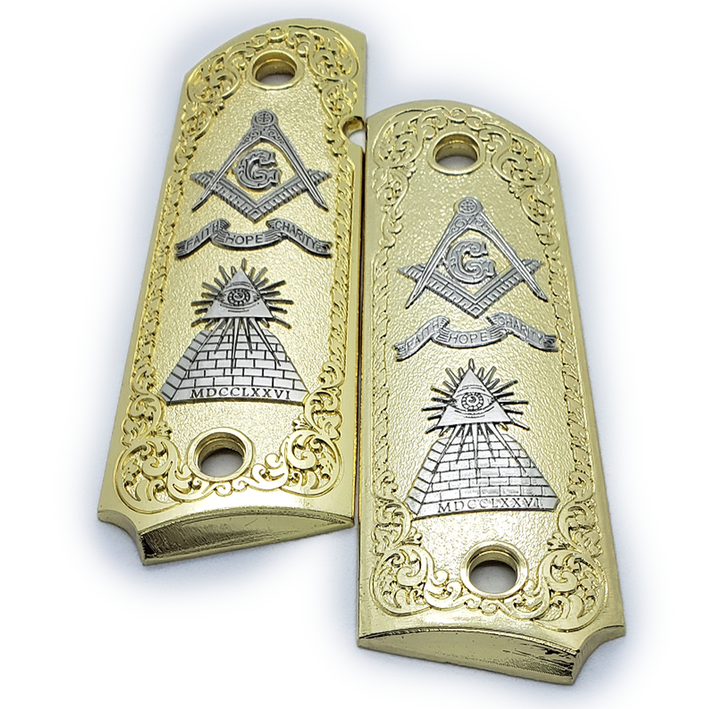 1911 FULL SIZE GRIPS Masonic Gold Nickel W AMBI CUT