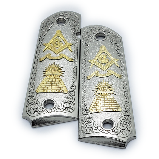 1911 FULL SIZE GRIPS Masonic Nickel Gold W AMBI CUT