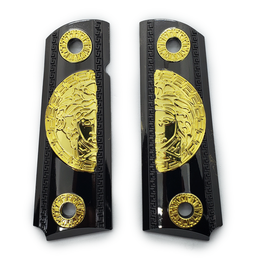 1911 Grips Full Size Medusa Metal Ambi Cut Black Gold