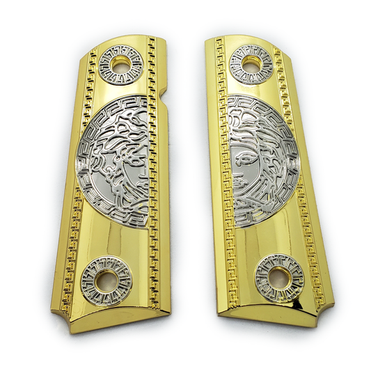 1911 Grips Full Size Medusa Metal Ambi Cut Gold Nickel