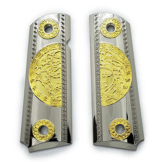 1911 Grips Full Size Medusa Metal Ambi Cut Nickel Gold
