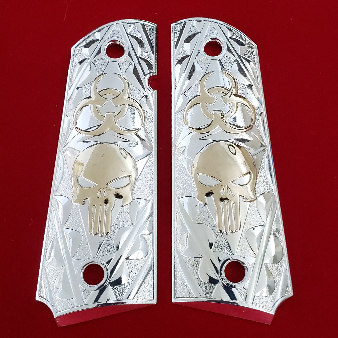 1911 Full Size grips gold Skull  Biohazard symbol  Ambi Safety #T-T618