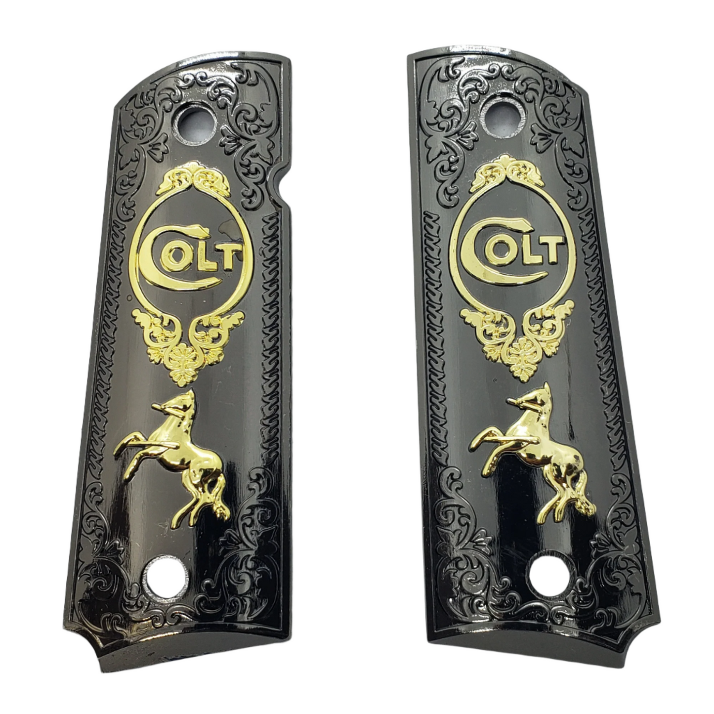 Metal grips Gold / Nickel Colt Rampant Scrollwork Ambi Safety #T-C602