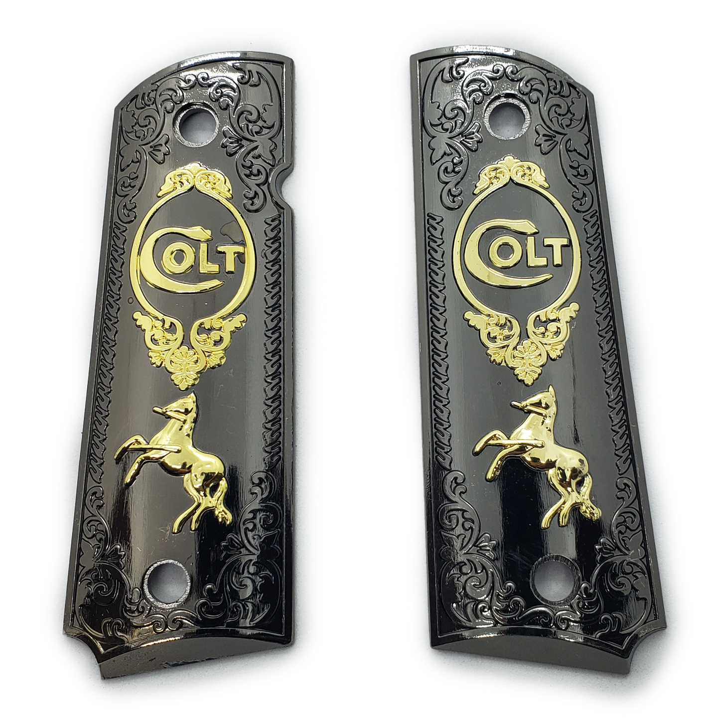 Metal grips Nickel / Gold Colt Rampant Scrollwork Ambi Safety #T-C603