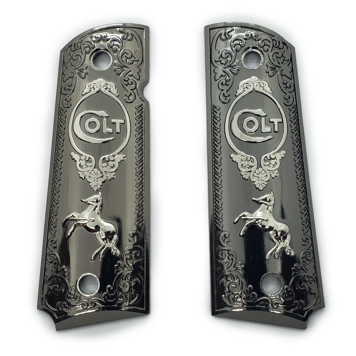 1911 Metal grips gold / Nickel Colt Rampant Scrollwork Ambi Safety #T-C600