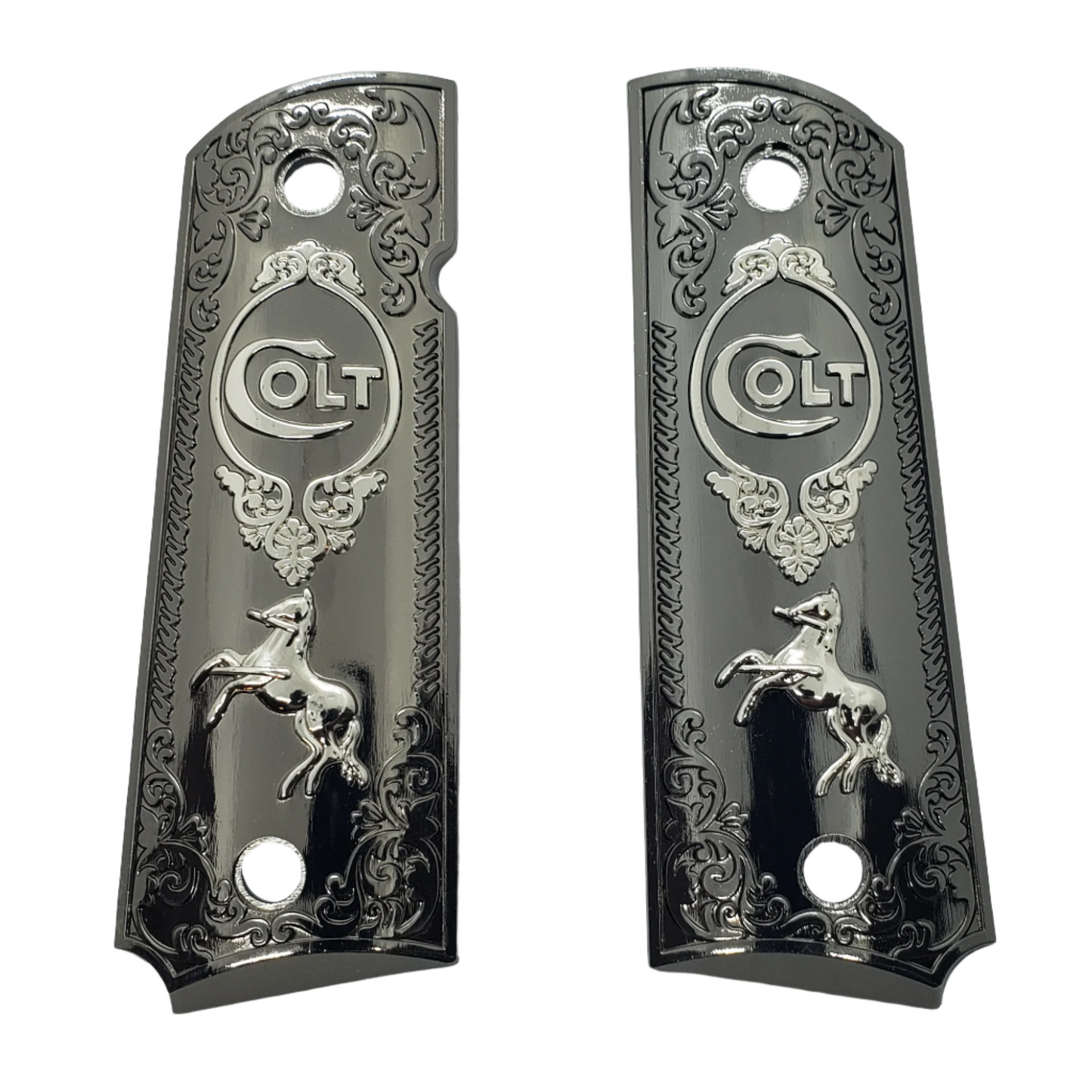 Metal grips Gold / Nickel Colt Rampant Scrollwork Ambi Safety #T-C602