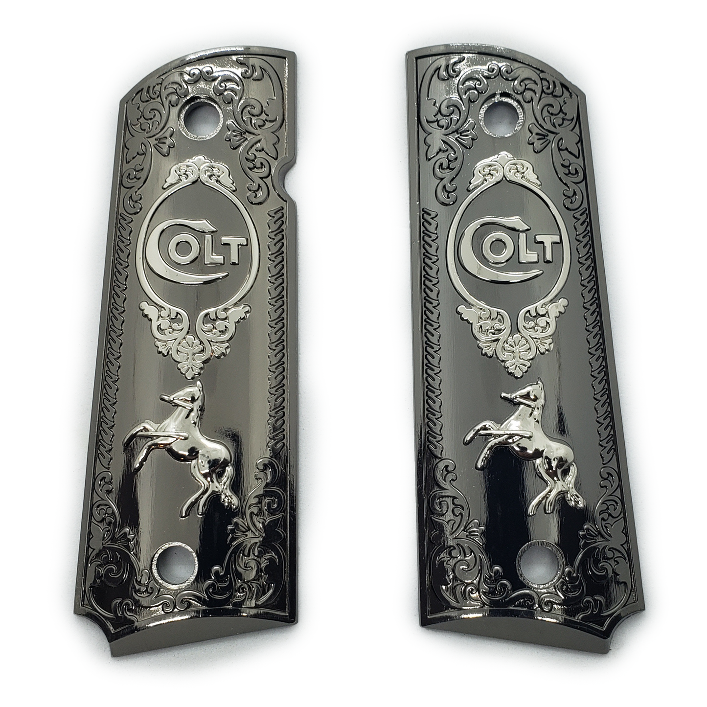 1911 Metal grips Black / Nickel Colt Rampant Scrollwork Ambi Safety #T-C601