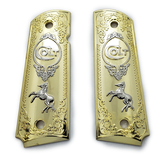 Metal grips Gold / Nickel Colt Rampant Scrollwork Ambi Safety #T-C602