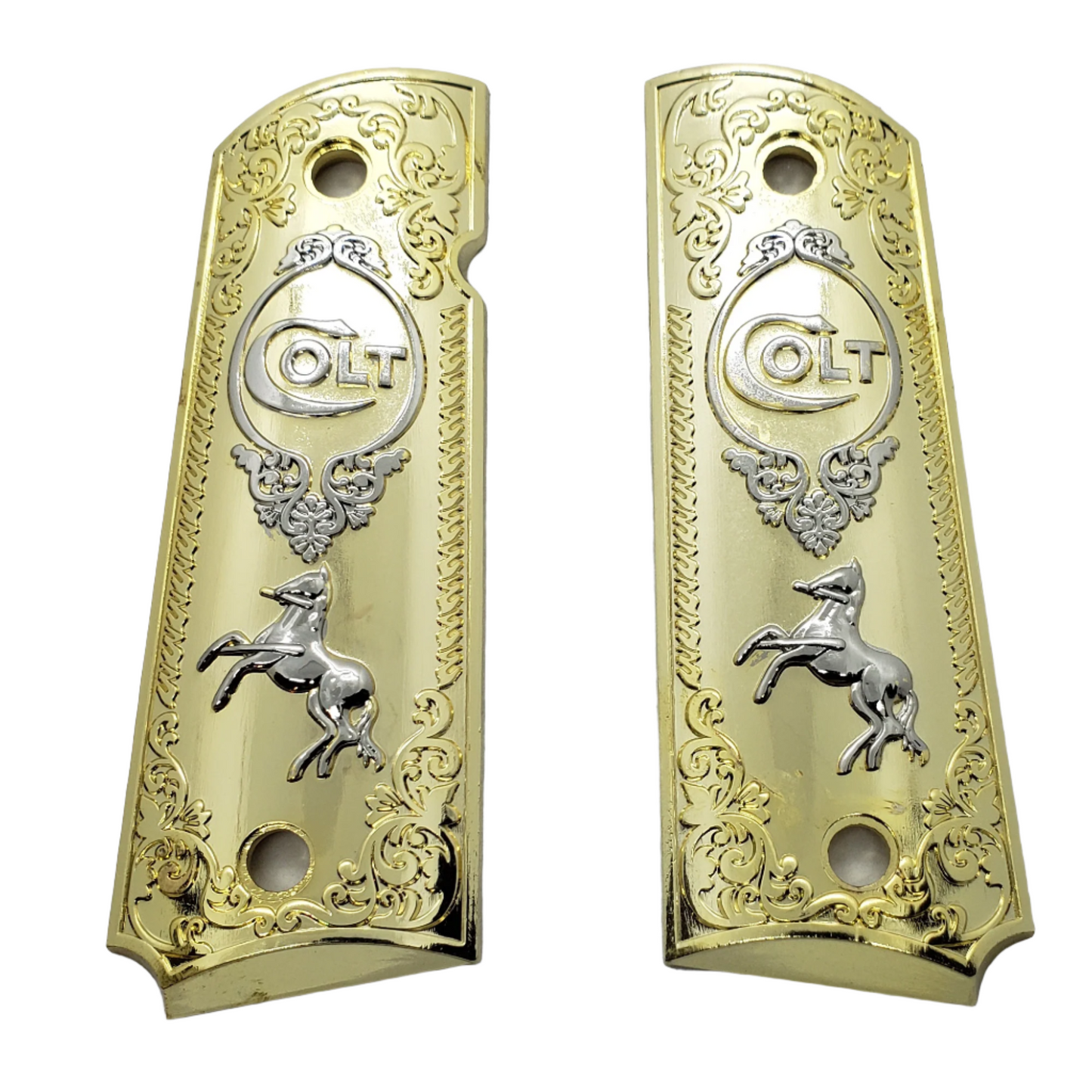 Metal grips Gold / Nickel Colt Rampant Scrollwork Ambi Safety #T-C602