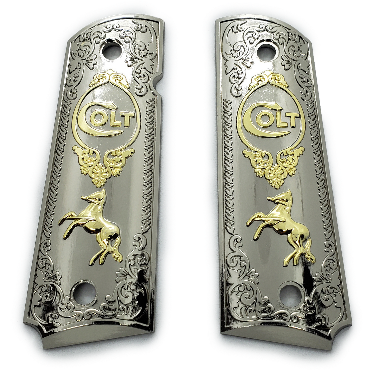 Metal grips Nickel / Gold Colt Rampant Scrollwork Ambi Safety #T-C603