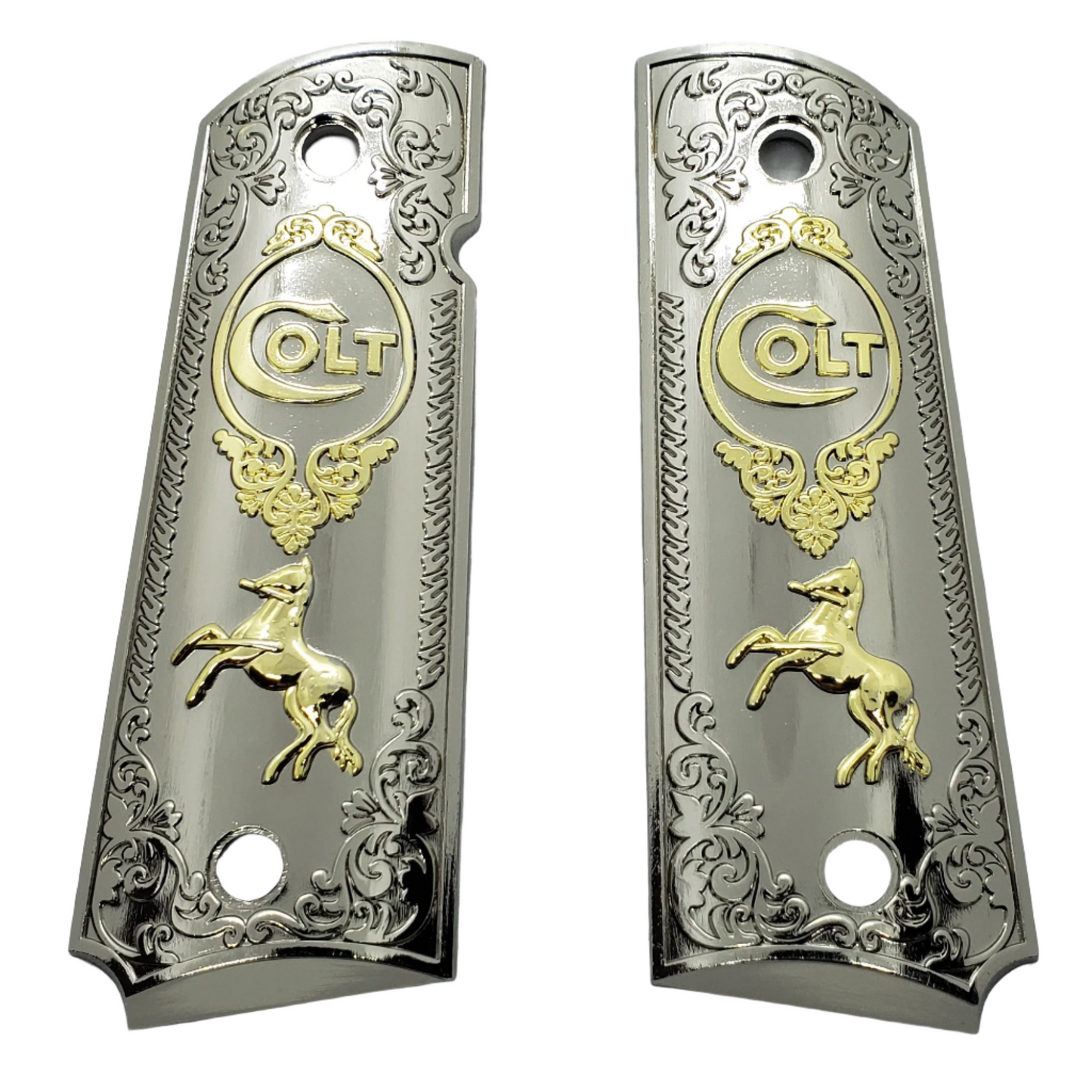Metal grips Gold / Nickel Colt Rampant Scrollwork Ambi Safety #T-C602